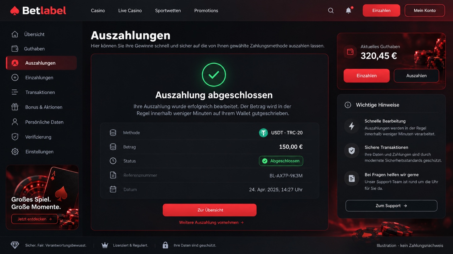 Illustration eines Betlabel-Kundenkontos mit abgeschlossener Auszahlung