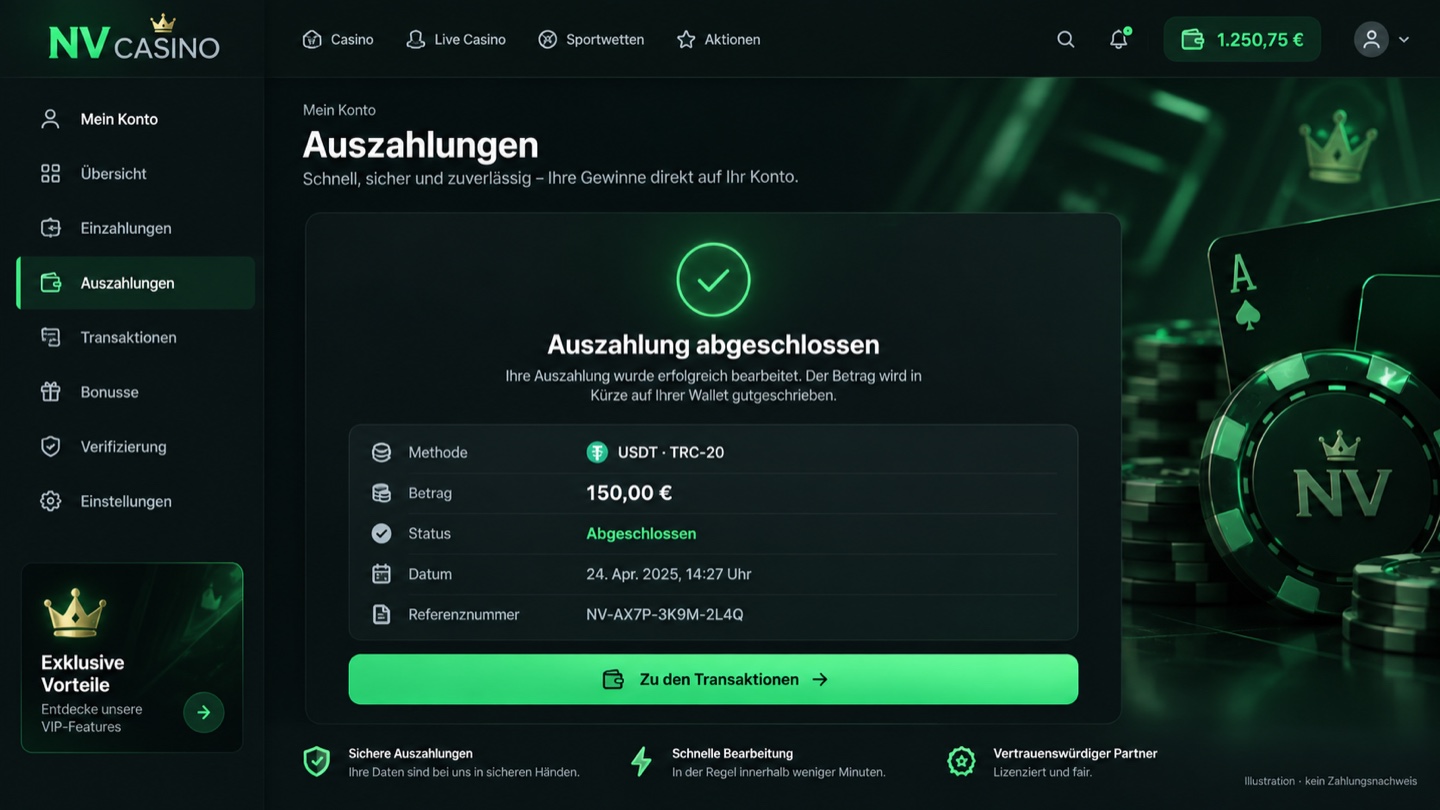 Illustration eines NV Casino-Kundenkontos mit abgeschlossener Auszahlung