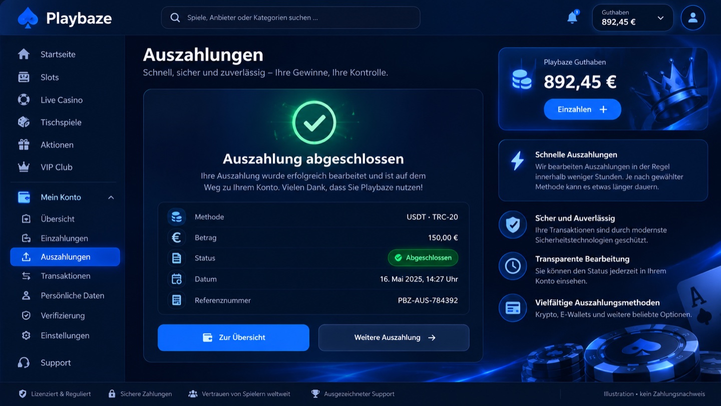 Illustration eines Playbaze-Kundenkontos mit abgeschlossener Auszahlung